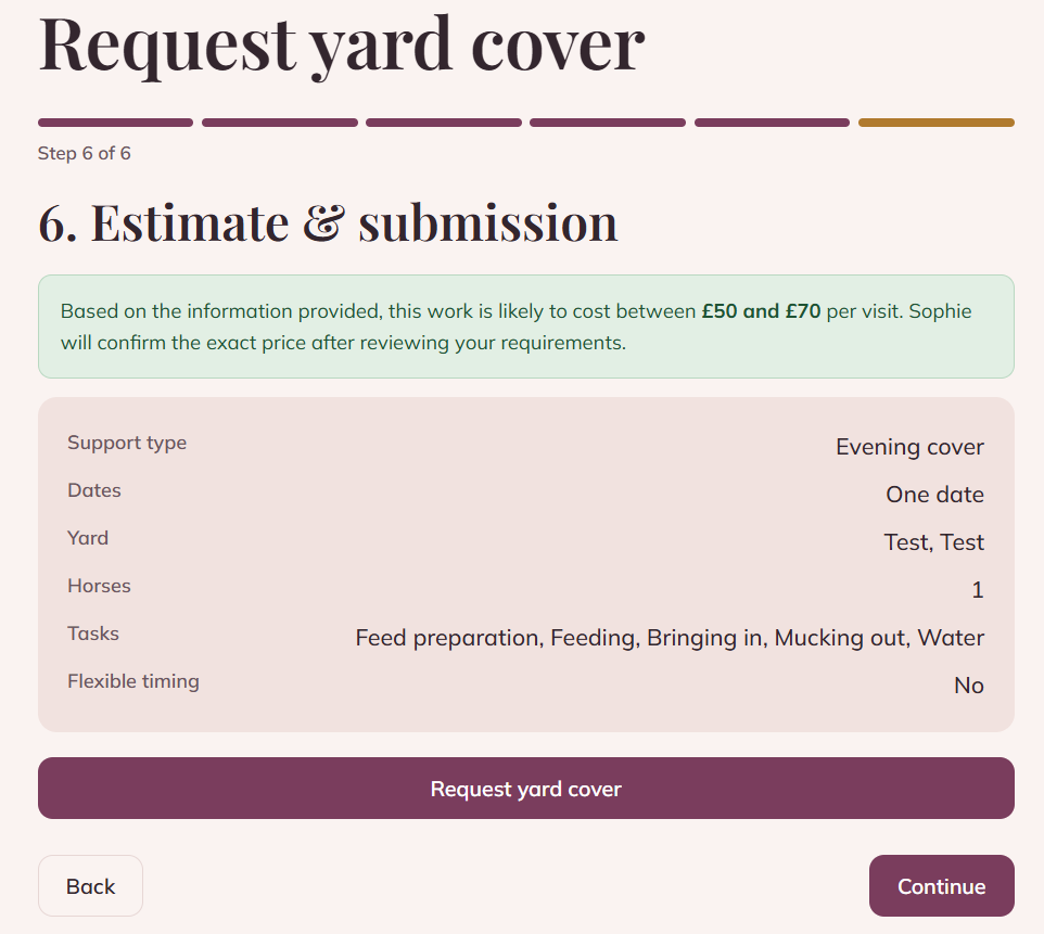 Screenshot of the demo yard-cover enquiry showing the structured request and an indicative price estimate.