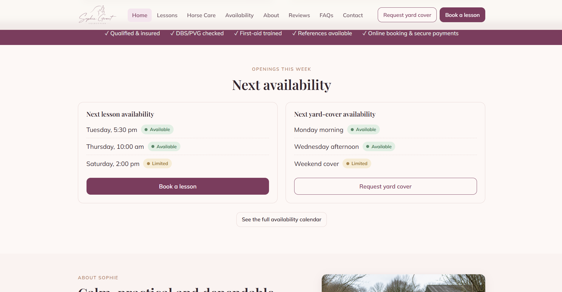 Screenshot of the Sophie Grant Equestrian demo homepage, showing the split between riding lessons and yard cover with next-availability slots and trust markers.