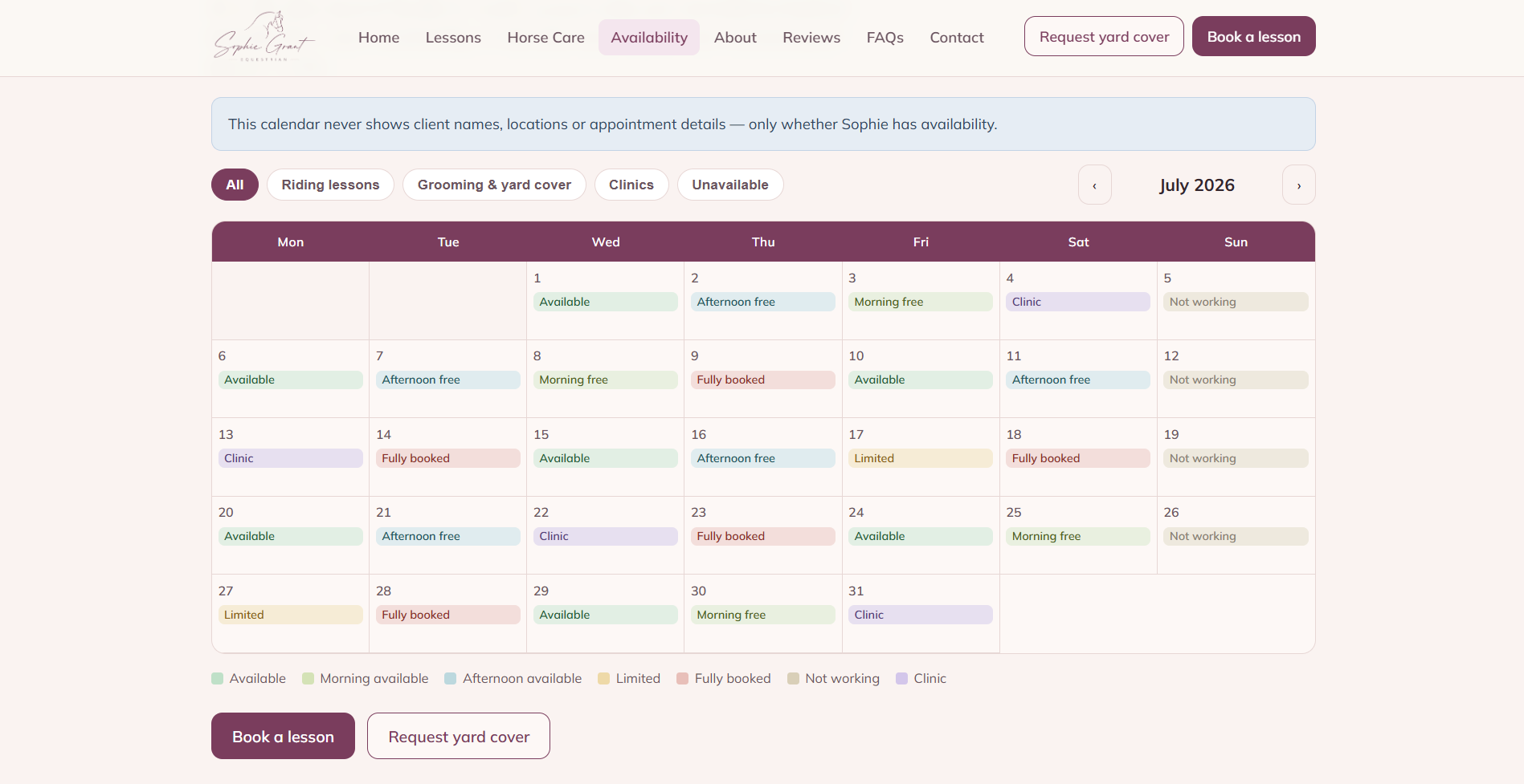 Screenshot of the demo public availability calendar with lesson and yard-cover filters.