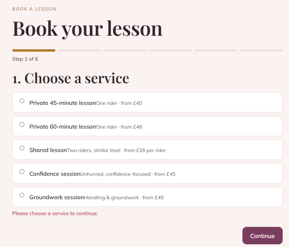 Screenshot of the demo lesson-booking journey — step one, choosing a lesson service such as a private, shared, confidence or groundwork session.