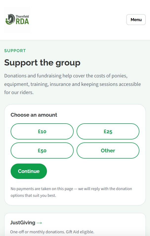 Thornfield RDA demo on mobile — Support the group with preset donation amounts