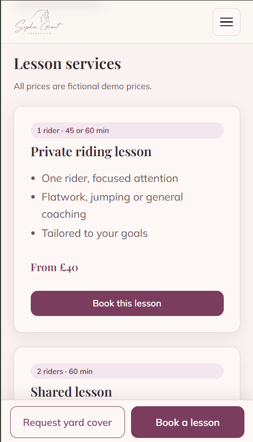 Screenshot of the Sophie Grant demo on a mobile phone, showing the lessons page with the sticky action bar.