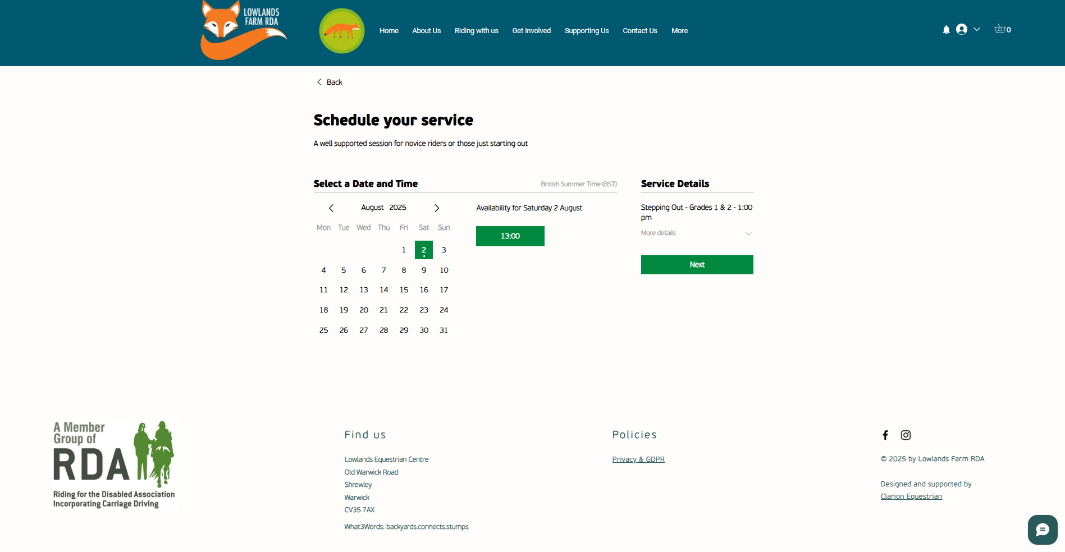 Online booking calendar built by Clarion for Lowlands Farm RDA