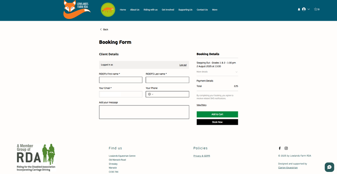 Booking form with card payment built by Clarion