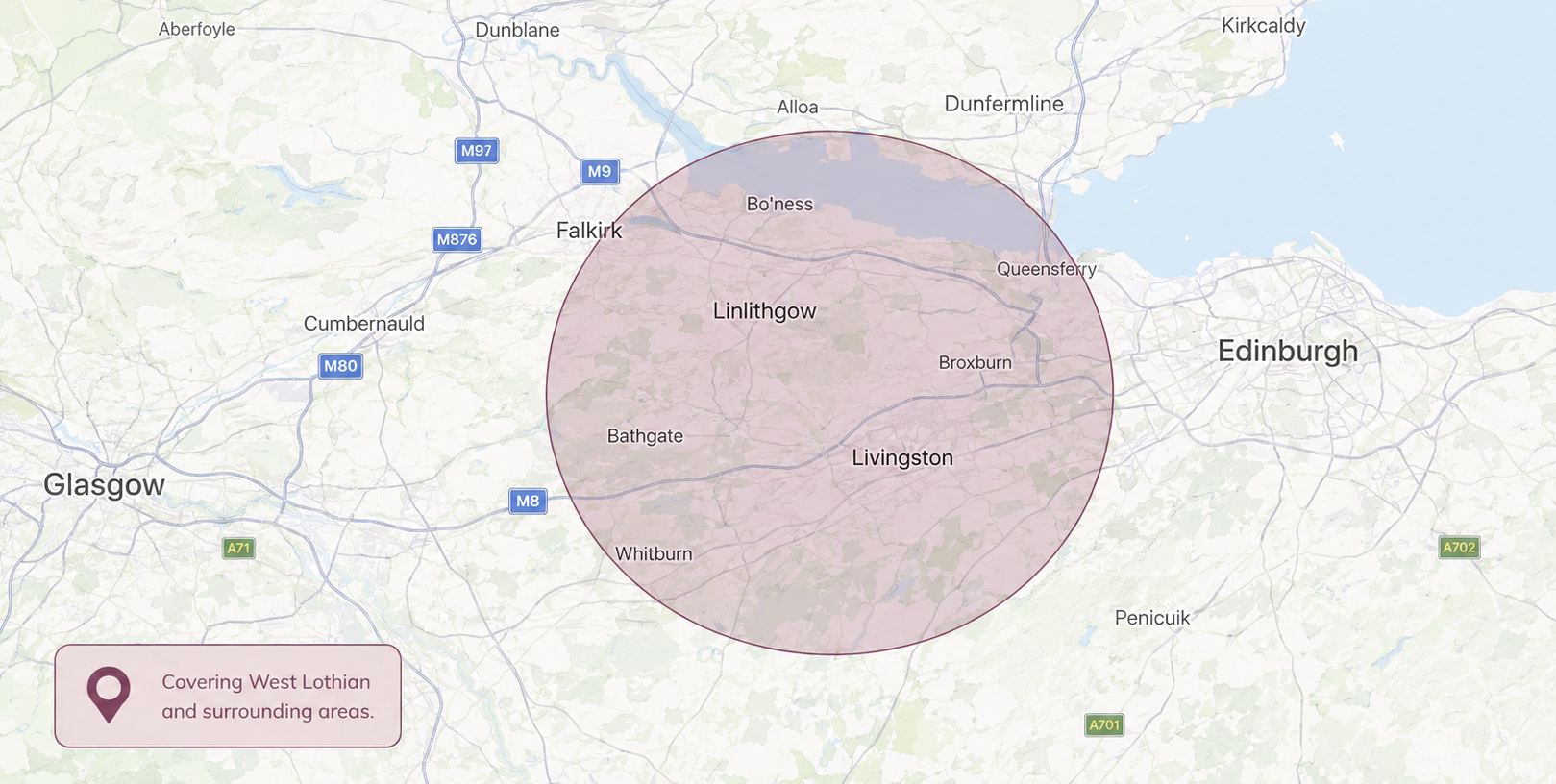 Map of Sophie's service area, a radius covering West Lothian including Linlithgow, Bathgate, Livingston, Broxburn and Whitburn. Precise home address is not shown.