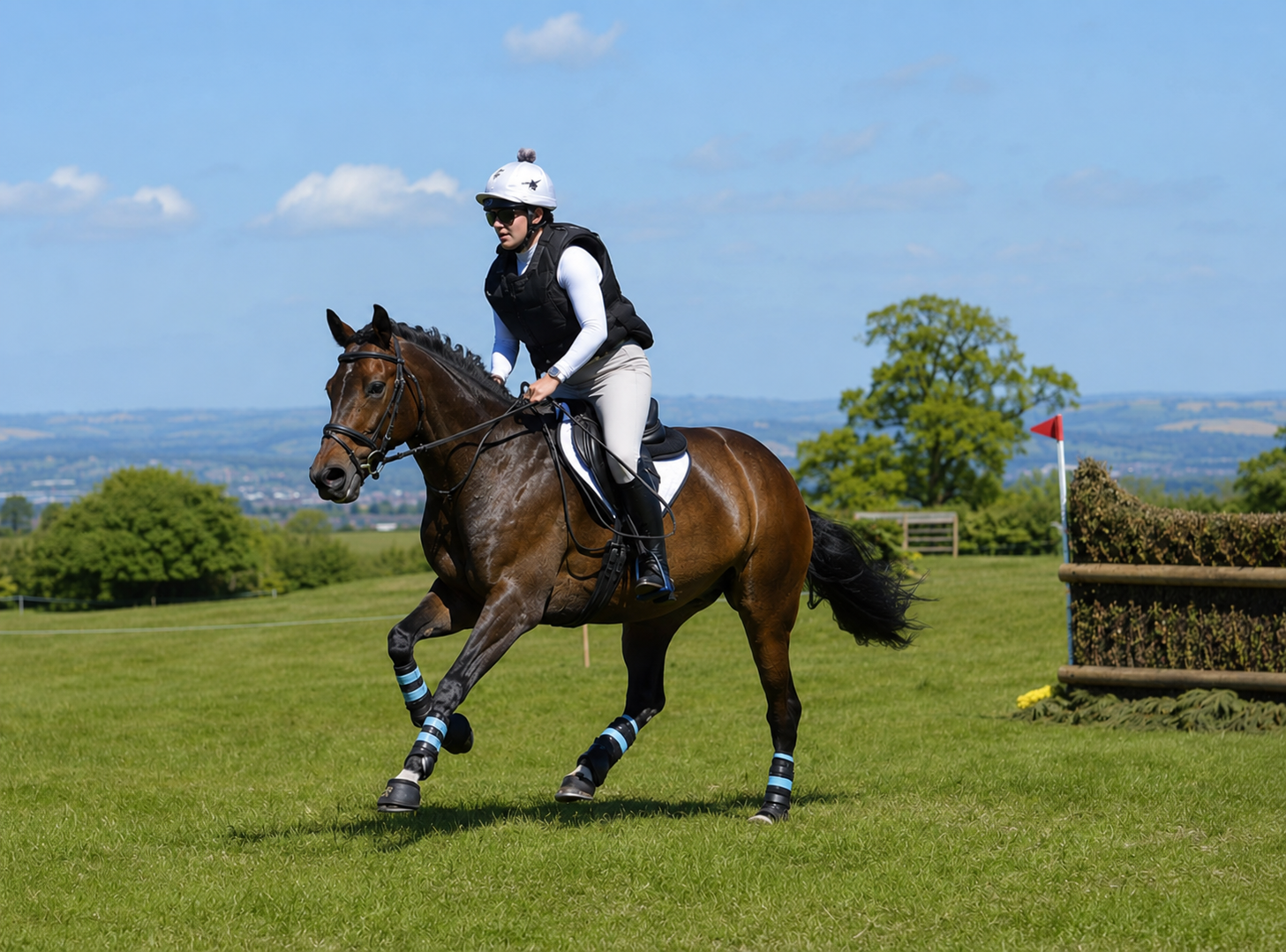 Sophie riding a bay horse across country in body protector and hat, cantering through open countryside.