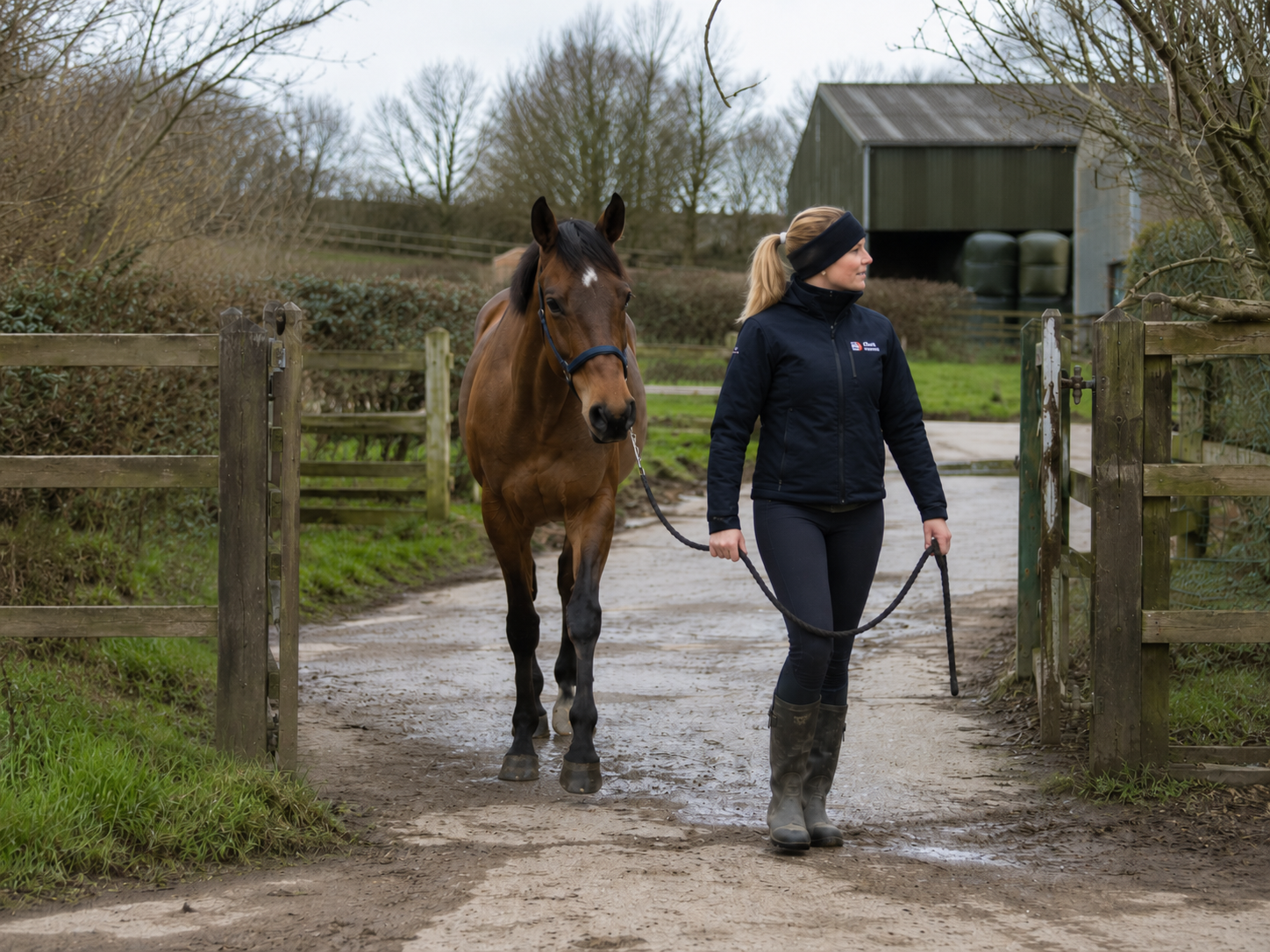 Sophie leading a horse in from the field on a client's yard.