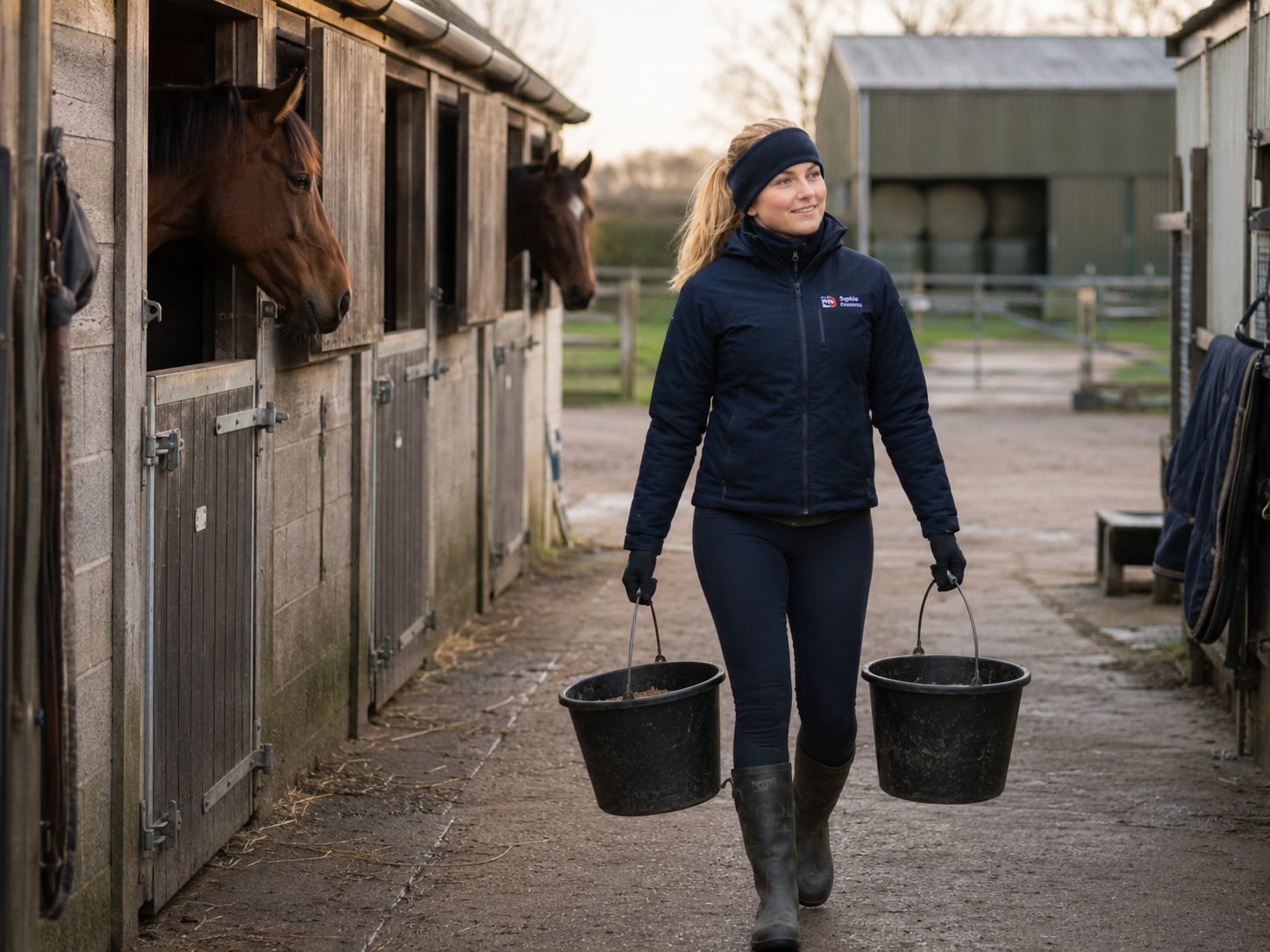 Sophie working at a livery yard on a bright morning.