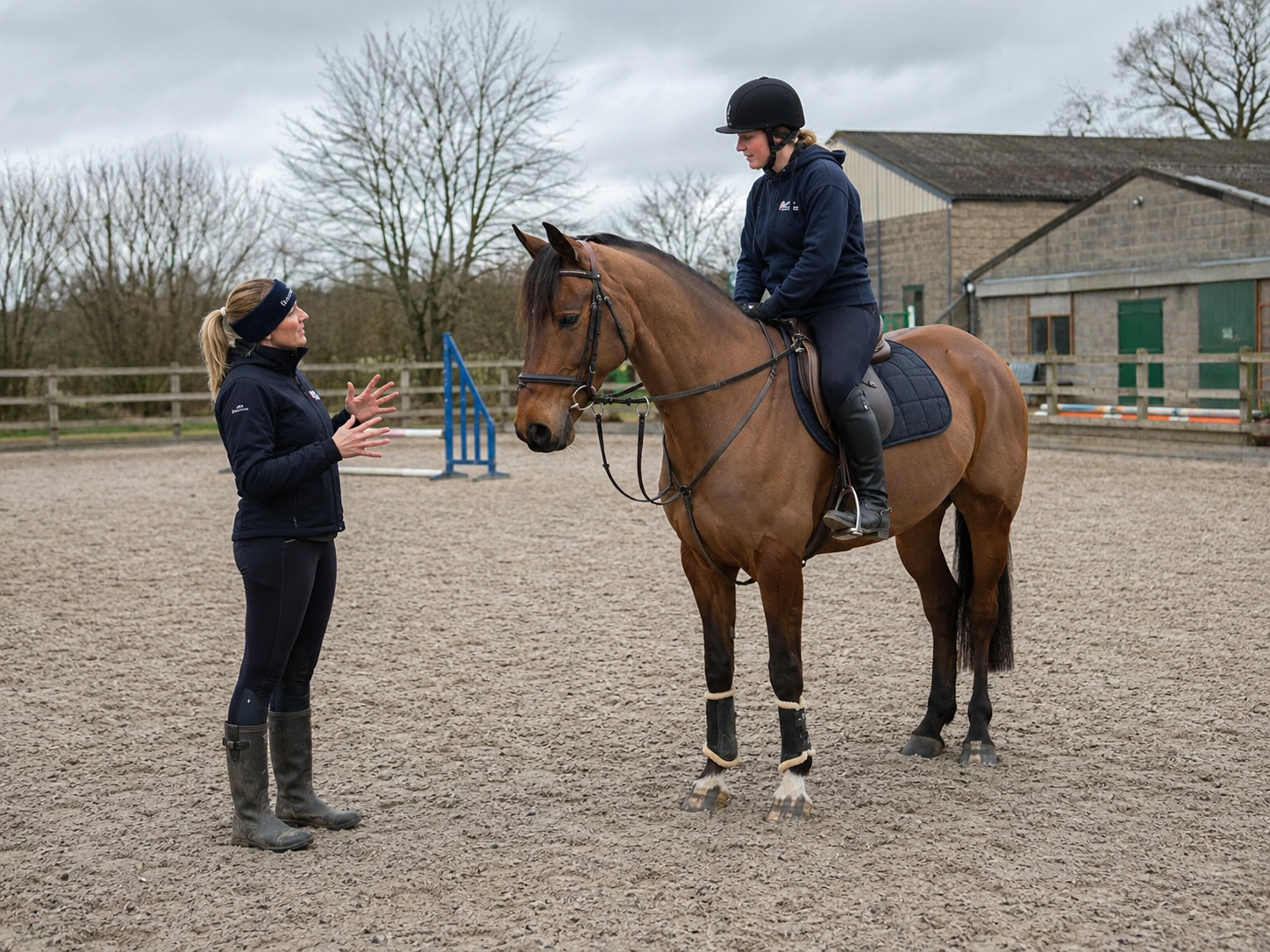 Sophie coaching a rider in an outdoor arena at a private yard.