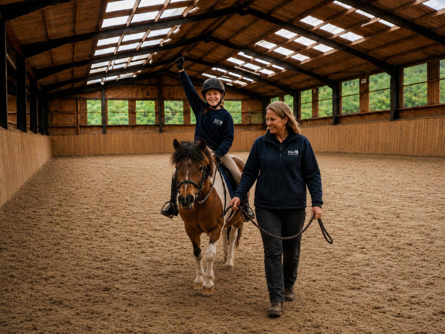 A young rider on a piebald pony with a coach walking alongside in the indoor arena at Thornfield Stables.