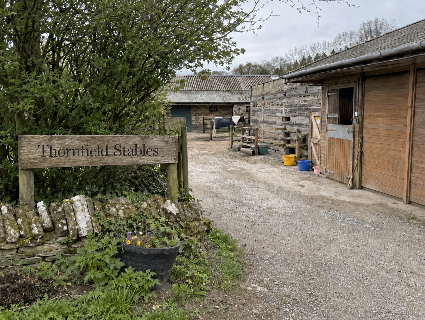 The wooden Thornfield Stables sign at the entrance to the family-run yard, with stable block and arena beyond.
