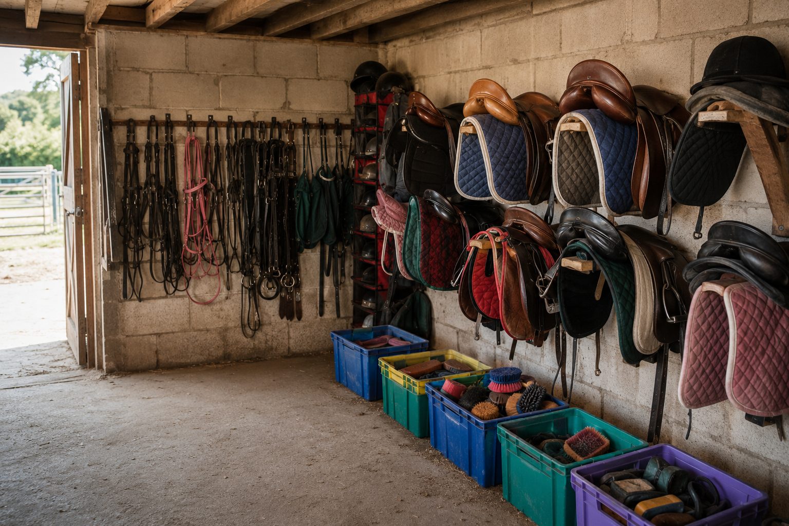 The tack room with saddles and bridles.