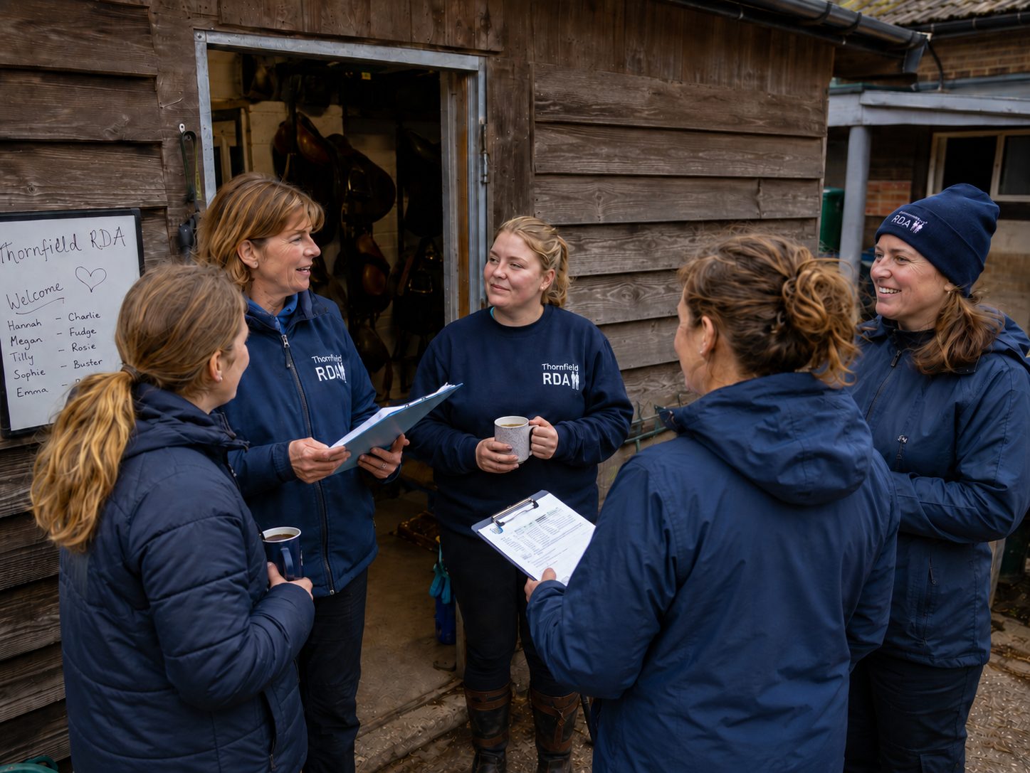 A group of Thornfield RDA volunteers in branded jackets chatting outside the tack room with mugs of tea and clipboards.