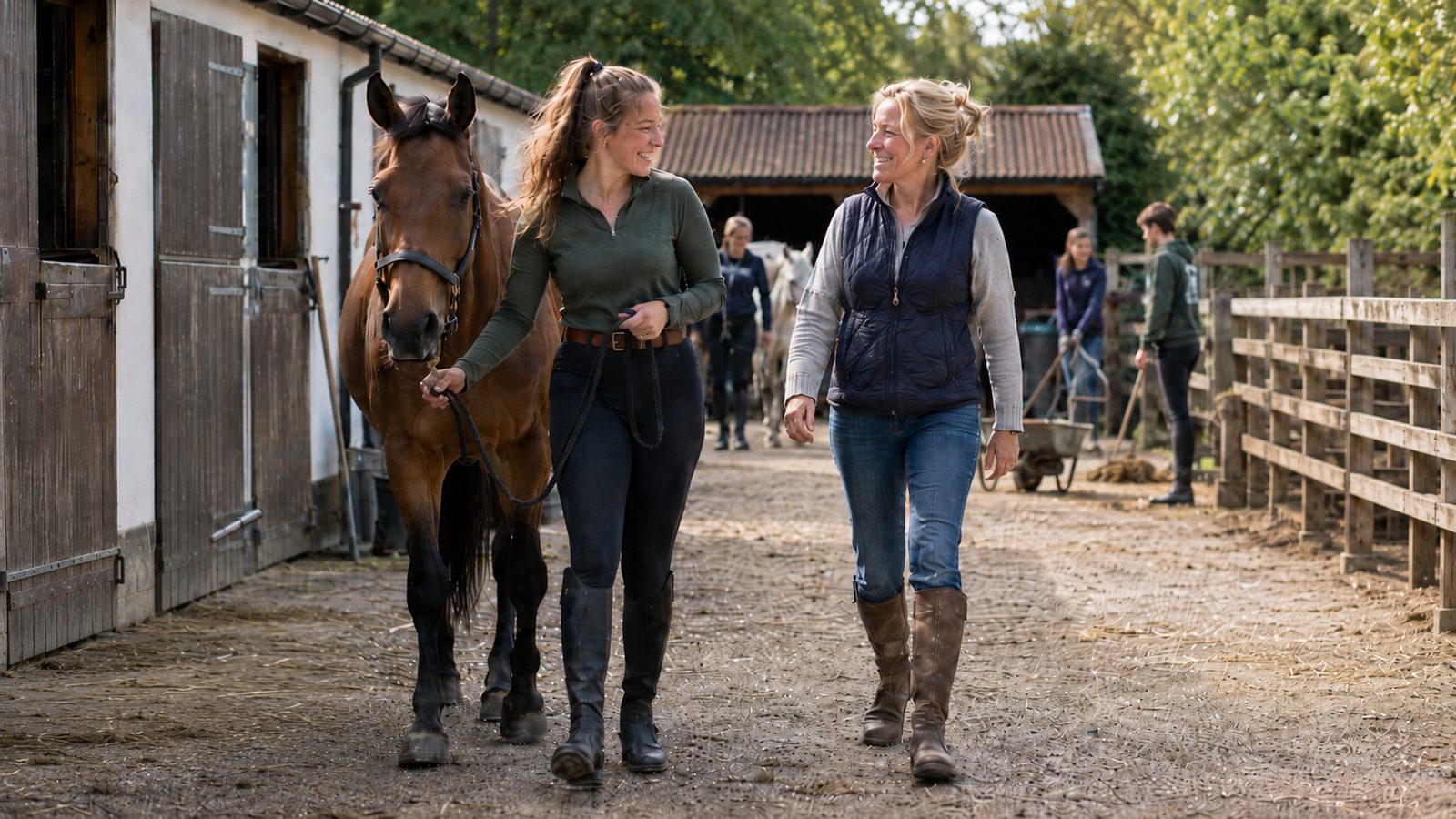 A coach leading a bay horse along the yard at Thornfield Stables, walking and chatting with a volunteer beside her.